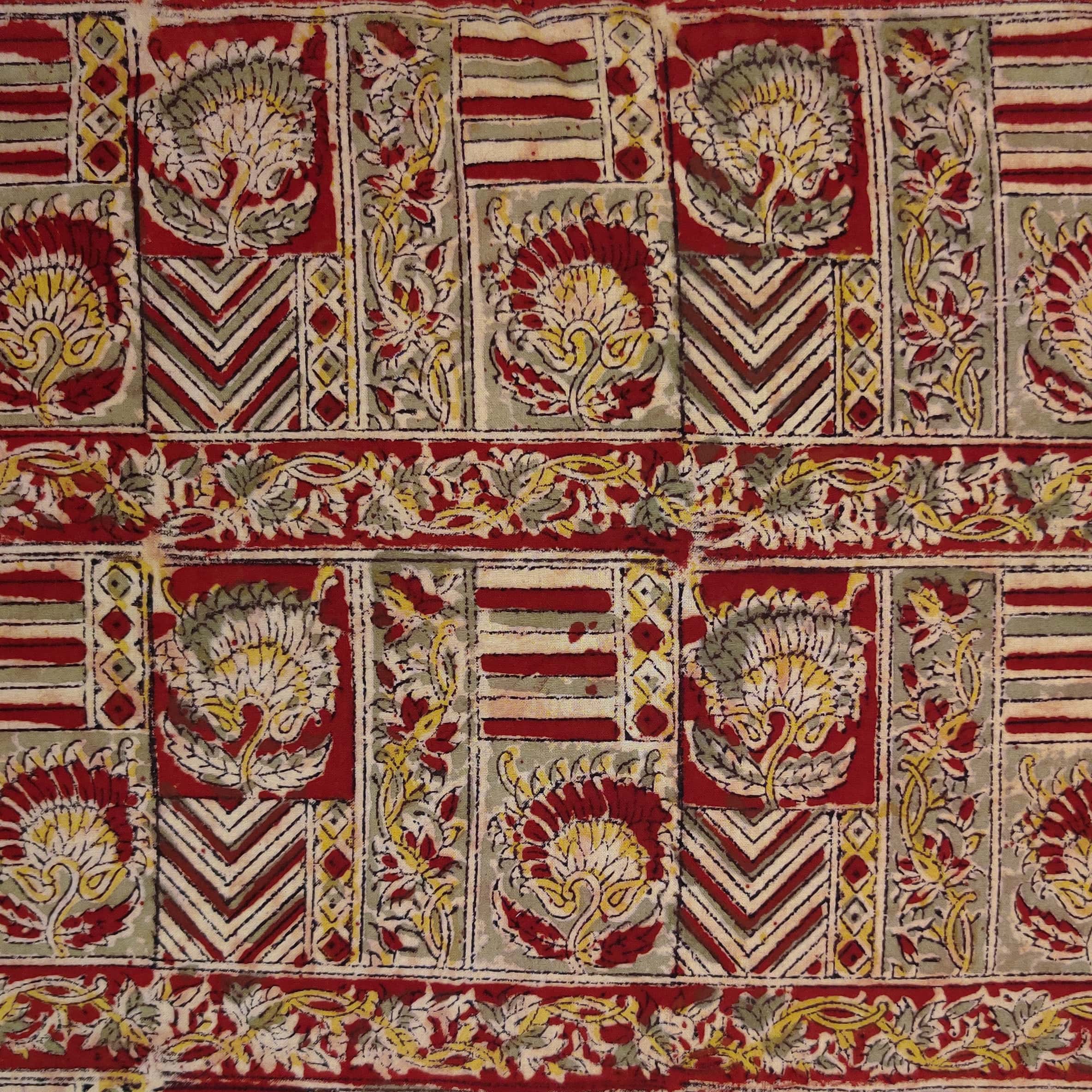 Pure Cotton Kalamkari Maroon Mustard Green Motif Blocks Hand Block Pri ...