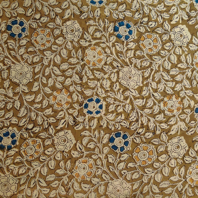 Pure Cotton Kalamkari Mehendi Green Mustard With Blue Mustard Floral Jaal Hand Block Print Fabric