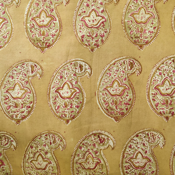 Pure Cotton Double Process Kalamkari Mustard With Big Kairi Hand Block Print Fabric
