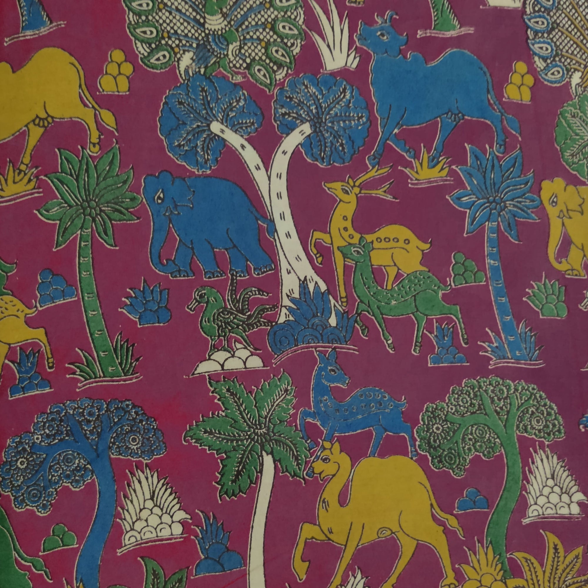 Pure Cotton Kalamkari Pink Screen Print With Elephants Camel Deer Jungle  Fabric