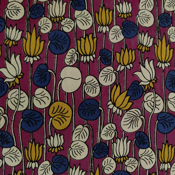 Pure Cotton Kalamkari Pink Screen Print With Yellow And Cream Lotus Ha ...