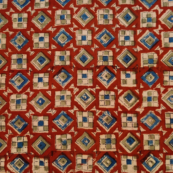 Pure Cotton Kalamkari Red With Blue Green Cream Squares And Diamonds Hand Block Print Fabric