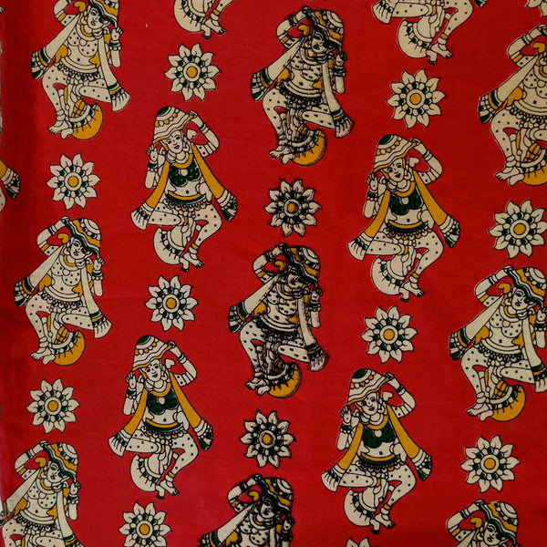 Pure Cotton Kalamkari Red With Dancing Figures Print Fabric