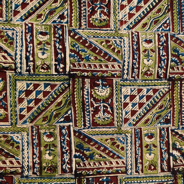 Pure Cotton Kalamkari Rust And Green Tribal Tiles Hand Block Print Fabric