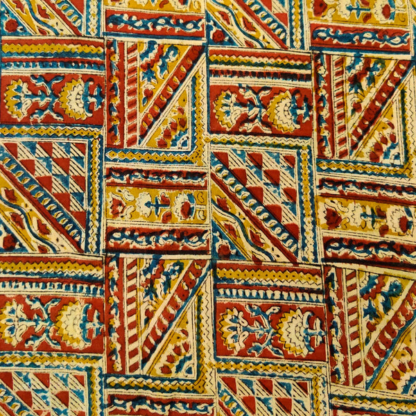 Pure Cotton Kalamkari Rust And Mustard Tribal Tiles Hand Block Print Fabric