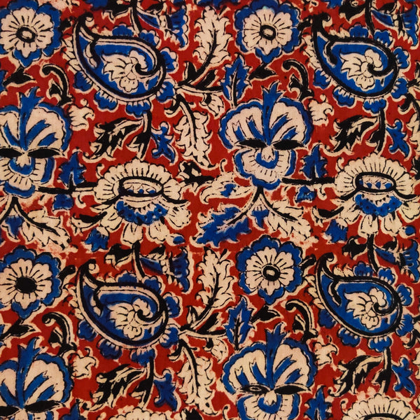 Pure Cotton Kalamkari Rust With Blue And Black Wild Flower Jaal Hand Block Print Fabric