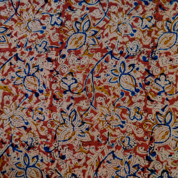 Pure Cotton Kalamkari Rust With Blue And Mustard Cream Floral Jaal Hand Block Print Fabric