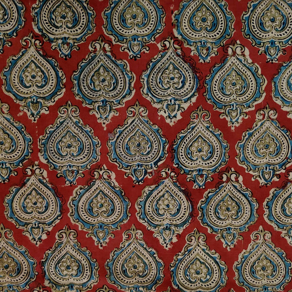 Pure Cotton Kalamkari Rust With Blue Motifs Block Print Fabric