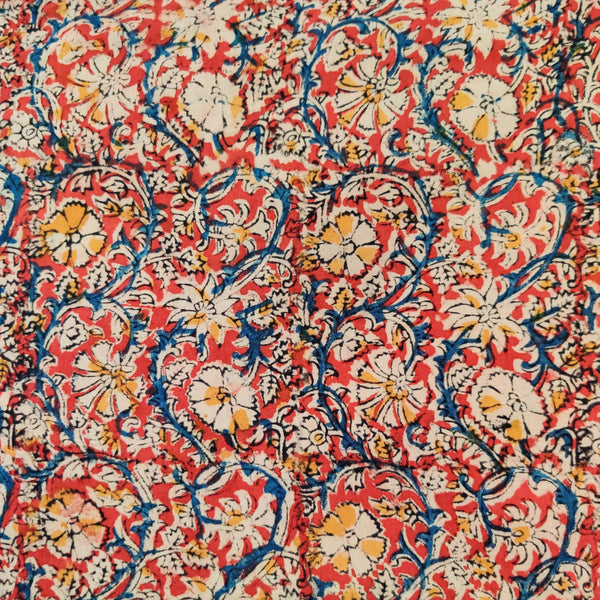 Pure Cotton Kalamkari Rust With Blue Mustard Cream Jaal Hand Block Print Fabric