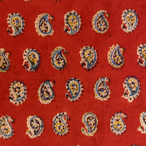 Pure Cotton Kalamkari Rust With Blue Tiny Kairis Hand Block Print Fabric