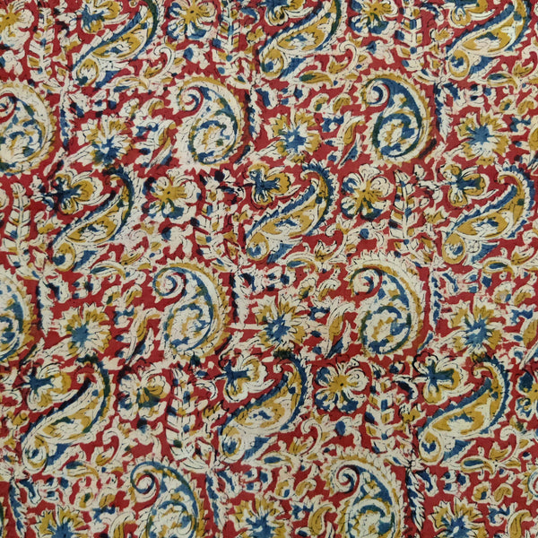 Pure Cotton Kalamkari Rust With Blue Yellow Kairi Jaal Hand Block Print Fabric