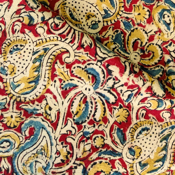 Pure Cotton Kalamkari Rust With Double Kairi Wild Flower Jaal Hand Block Print Fabric