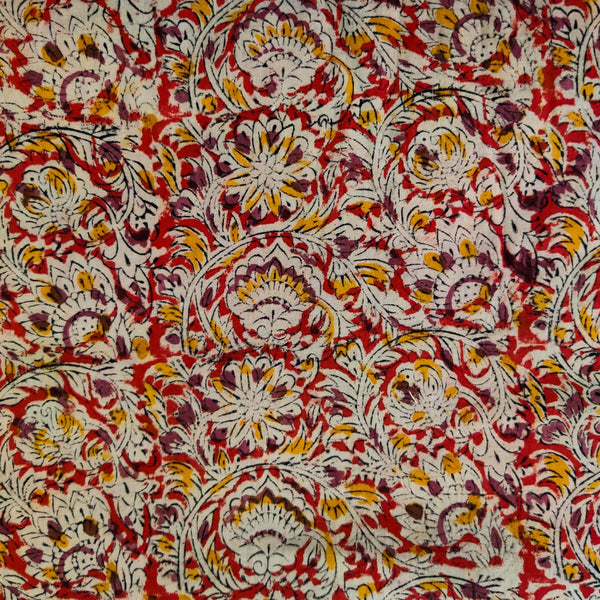Pure Cotton Kalamkari Rust With Mustard And Purplish Brown Jaal Hand Block Print Fabric