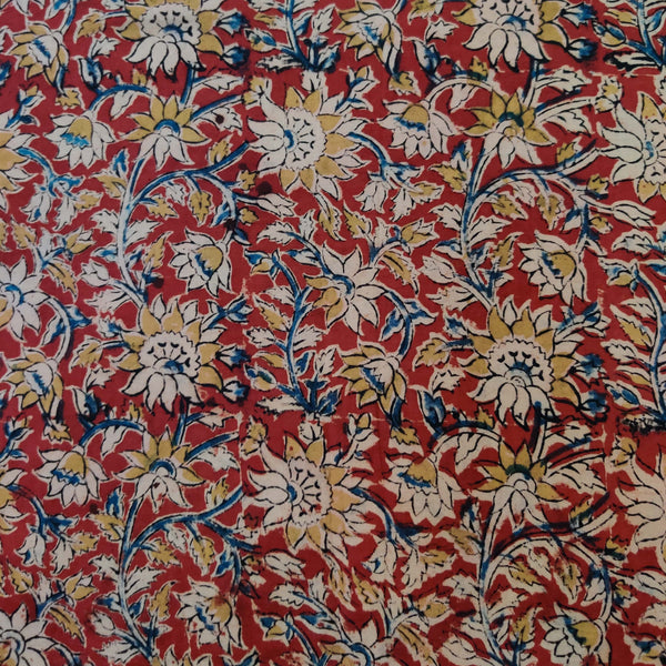 Pure Cotton Kalamkari Rust With Mustard Floral Jaal Had Block Print Fabric