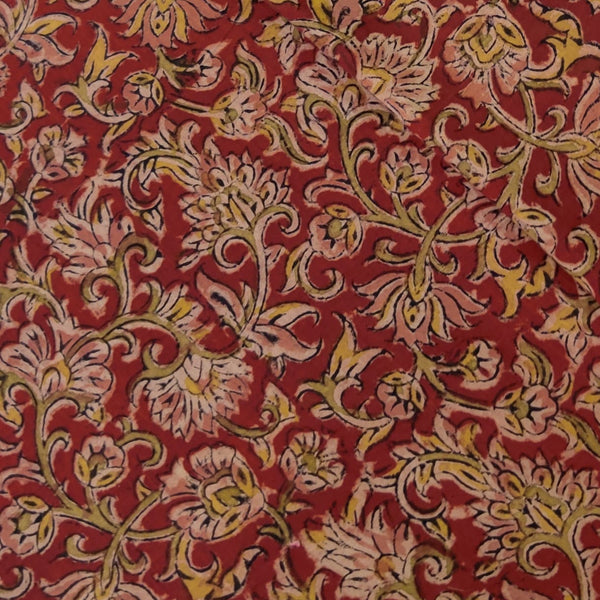 Pure Cotton Kalamkari Rust With Pink Mustard Green Jaal Hand Block Print Fabric