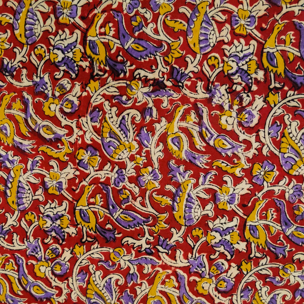 Pure Cotton Kalamkari Rust With Purple And Mustard Jaal Hand Block Print Fabric