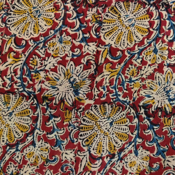 Pure Cotton Kalamkari Rust With Wild Flower Jaal Hand Block Print Fabric