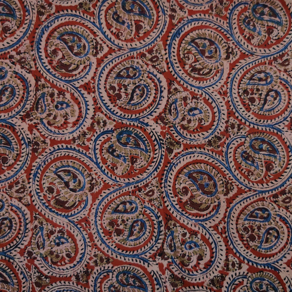 Pure Cotton Kalamkari Rust With With Curvy Jaal Motifs Block Print Fabric
