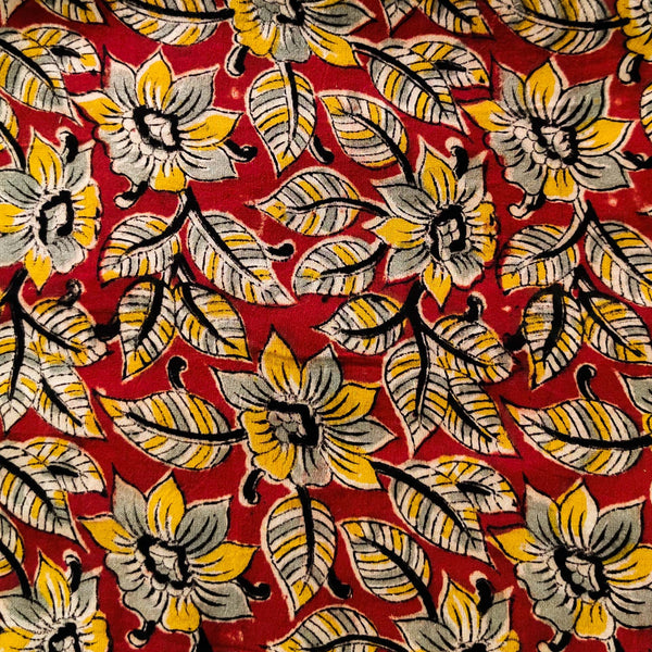 Pure Cotton Kalamkari Rust With Yellow And Grey Flower Jaal Hand Block Print Fabric