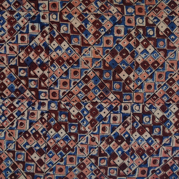 Pure Cotton Kalamkari Shades Of Pink Brown Blue Squares Geometric Hand Block Print Fabric
