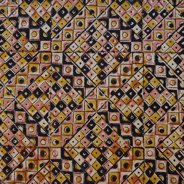 Pure Cotton Kalamkari Shades Of Pink Mustard Black Squares Geometric Hand Block Print Fabric