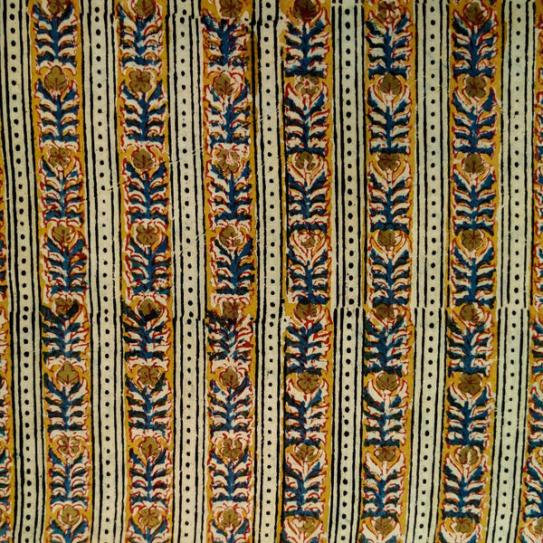 Pure Cotton Kalamkari Stripes With Mustard And Blue Intricate Stripes Hand Block Print Fabric