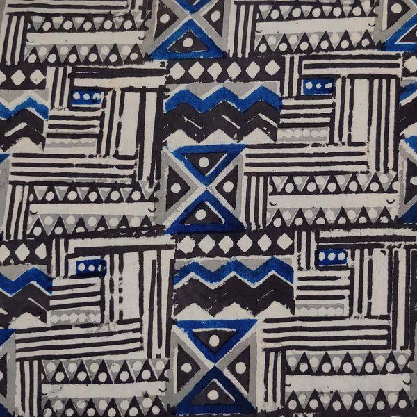 Pure Cotton Kalamkari Tribal Grey Black Blue Geometric Hand Block Print Fabric