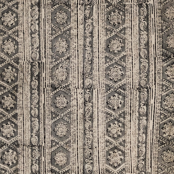 Pre-Cut 1.97 meter Pure Cotton Kalamkari With Beige Grey Border Stripes Hand Block Print Fabric