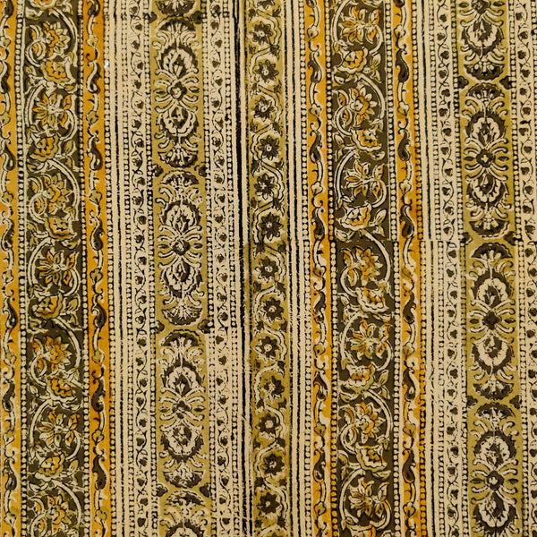 Pure Cotton Kalamkari With Green And Mustard Intricate Stripes Hand Block Print Fabric