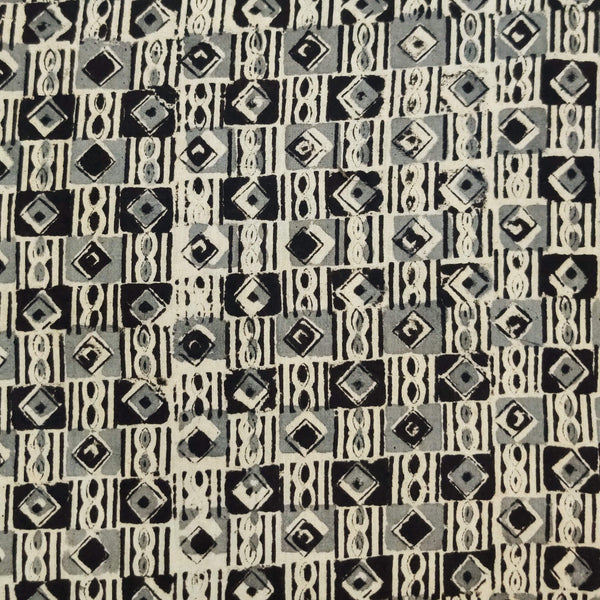 Pure Cotton Kalamkari With Grey And Black Tribal Squares Hand Block Print Fabric