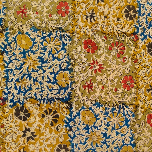 Pure Cotton Kalamkari With Mustard And Blue Block Jaal Hand Block Print Fabric