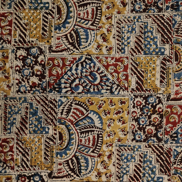 Pure Cotton Kalamkari With Mustard Maroon Blue Tribal All Over Pattern Hand Block Print Fabric