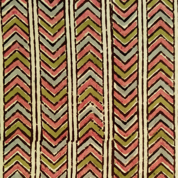 Pure Cotton Kalamkari With Peach Green And Grey Arrow Head Stripes Hand Block Print Fabric