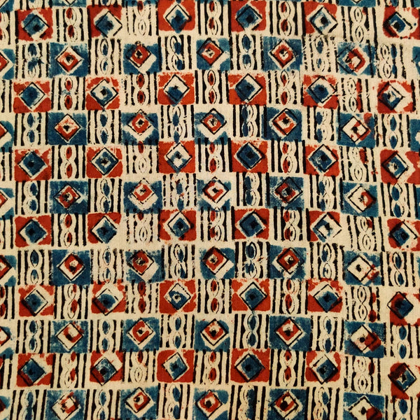 Pure Cotton Kalamkari With Rust And Blue Tribal Squares Hand Block Print Fabric