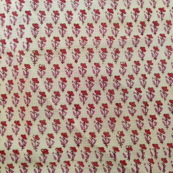 Pure Cotton Kota Jaipuri Cream With Red Orange Purple Motif Hand Block Print Blouse Piece (1 meter )Fabric