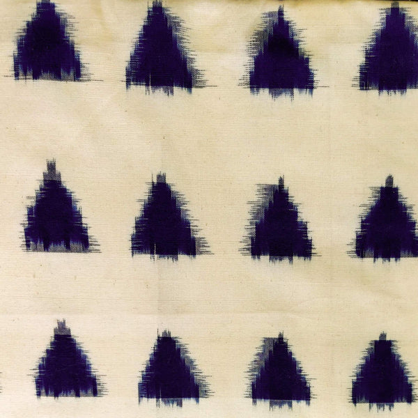 Pre-Cut 2.35 Meters Pure Cotton Light Cream Special Double Ikkat With Navy Blue Triangles Woven Fabric