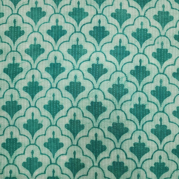 Precut 2.40 Meter Pure Cotton Light Dabu Kaatha With Sea Green Jaali Hand Block Print Fabric