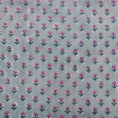 Pre-Cut 1.35 Meters Pure Cotton Light Grey Jaipuri With Tiny Flower Hand Block Print Fabric