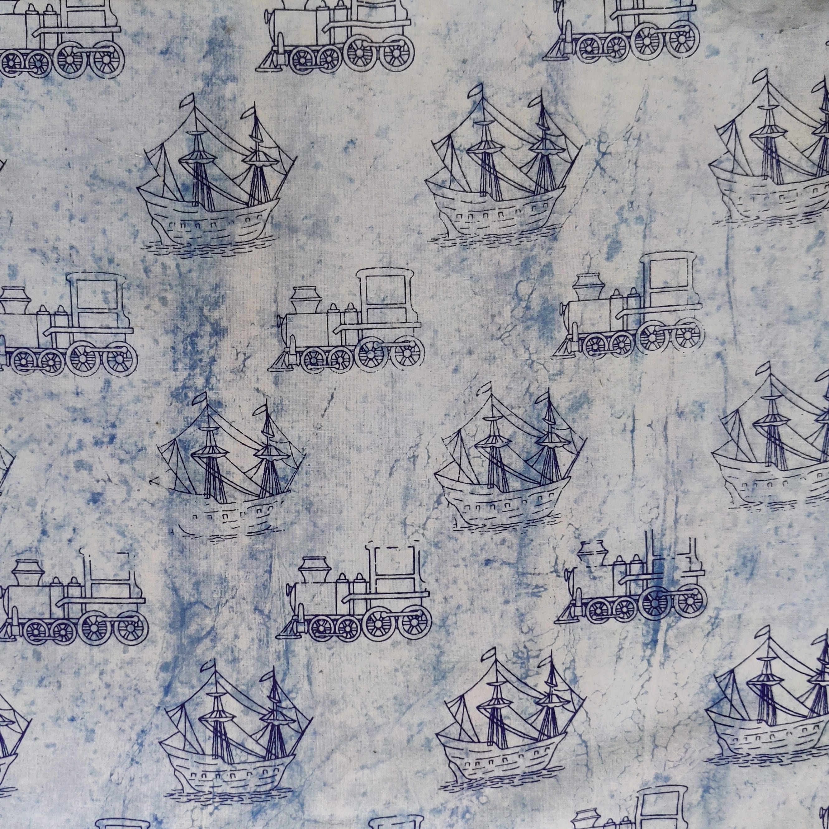 Pure Cotton Light Indigo With Shios And Trains Hand Block Print Fabric ...