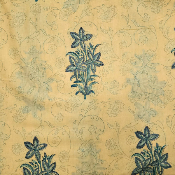 Pure Cotton Light Yellow With Grey Motif Hand Block Print Fabric