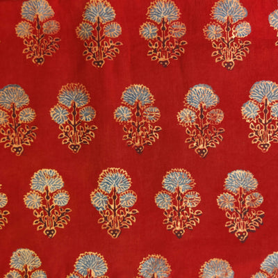 Pre- Cut 1.90 Meter Pure Cotton Madder Dyed With Dahlia Hand Block Print Fabric