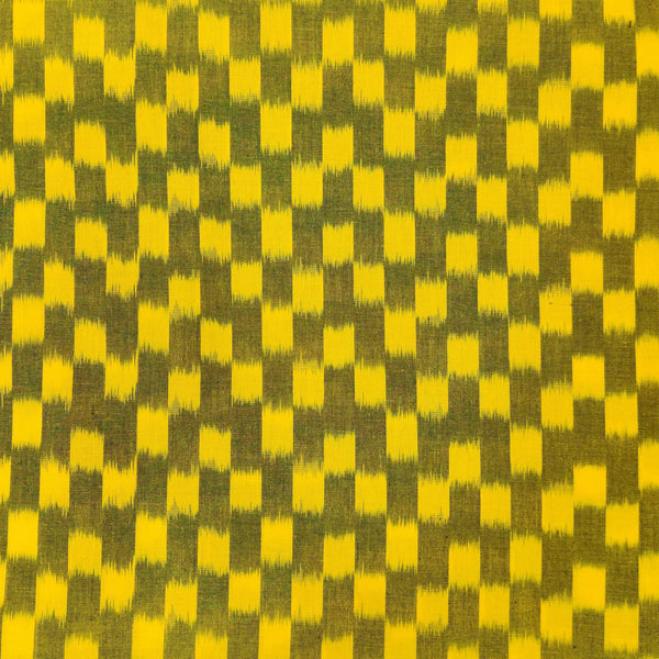 Pre-cut 2 meter Pure Cotton Mehendi Greenish Mustard Mecerized Ikkat With Yellow Square Weaves Hand Woven Fabric