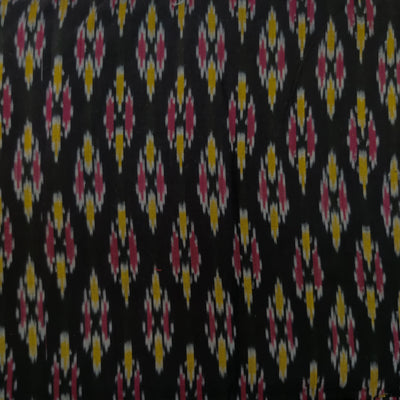 Pure Cotton Mercerised Ikkat Black With Maroon And Yellow Woven Motifs Fabric