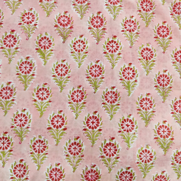 Pure Cotton  Jaipuri Baby Pink With Light Red Single Flower Jaal Hand Block Print Fabric