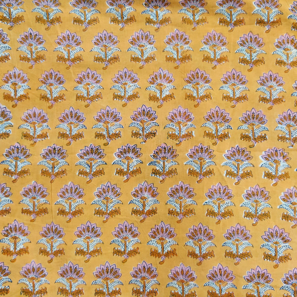 Pure Cotton  Jaipuri Yellow With Floral Bush Hand Block Print Fabric