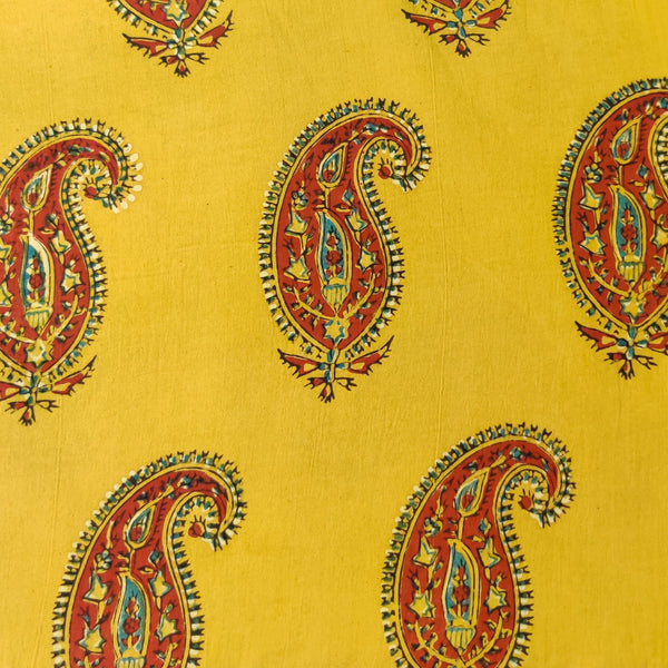 Pure Cotton Mustard Ajrak With Intricate Kairi Motif Hand Block Print Fabric Blouse Piece (1.25 Meter)