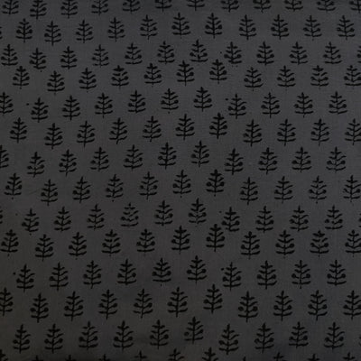 Pure Cotton Napthol Discharge Grey With Black Plant Motifs Hand Block Print Fabric