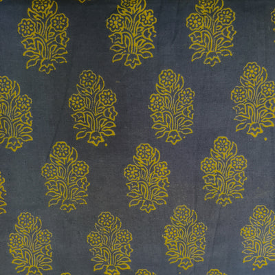 Pure Cotton Napthol Discharge Grey With Yellow Big Flower Block Motifs Hand Block Print Fabric