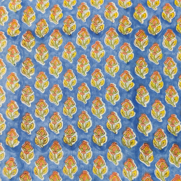 Pure Cotton Pastel Eastern Blue With Peach Yellow Tiny Motif Hand Block Print Blouse Fabric ( 95 cm)