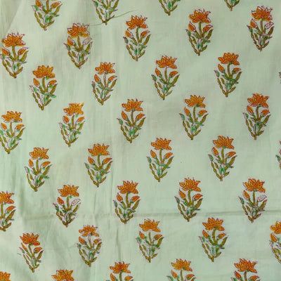 Pure Cotton Pastel Green With Mustard Tiny Flowers Hand Block Print Blouse Fabric ( 1 meter )